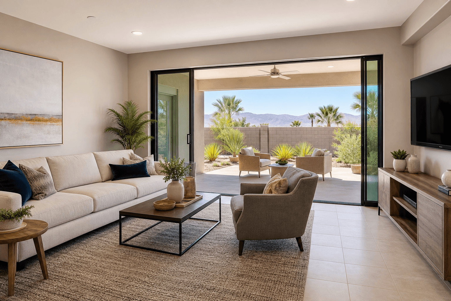 Furnished Las Vegas rental living room opening onto a sunny desert patio
