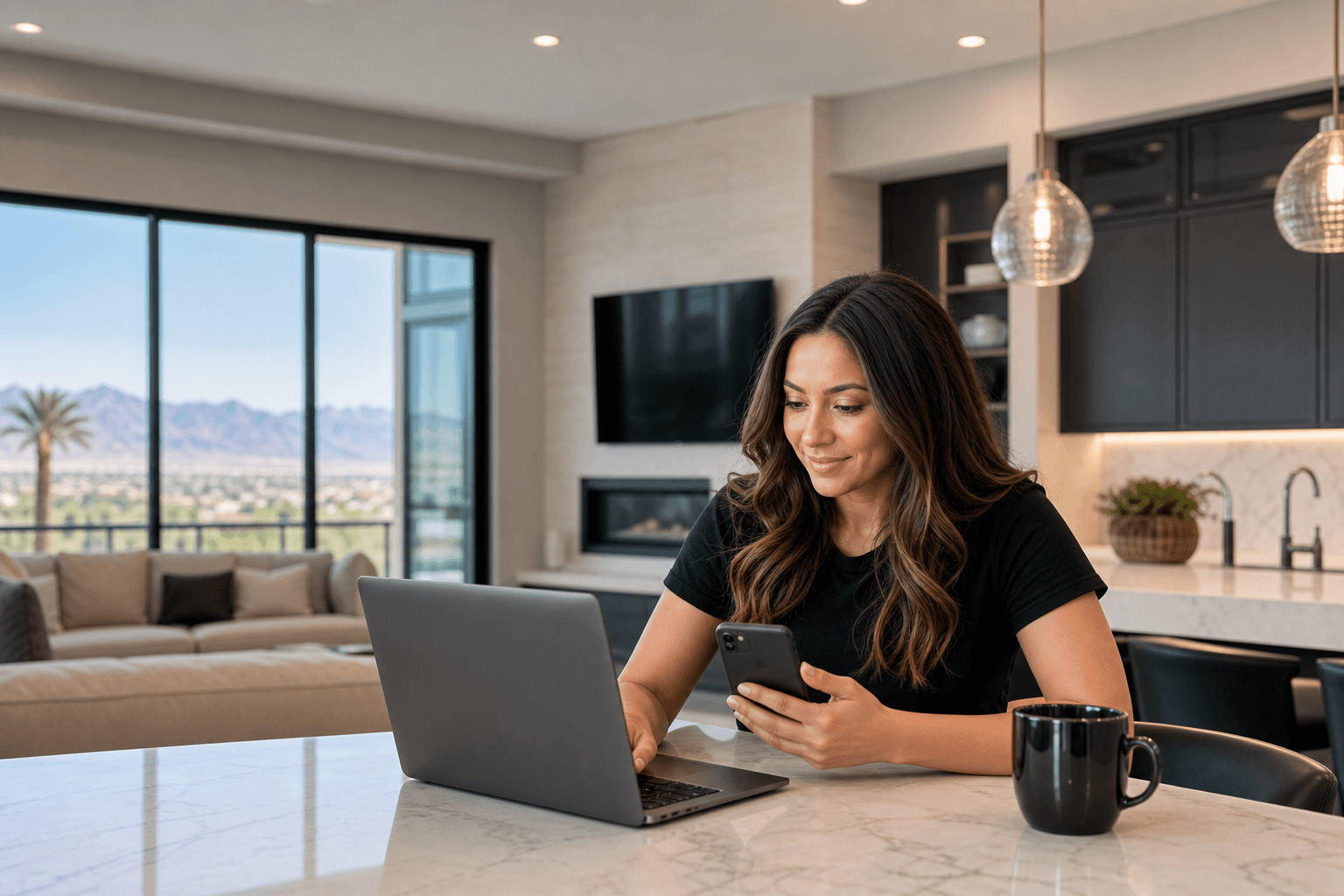 Homebuyer reviewing Las Vegas home listings on a laptop in a bright modern kitchen
