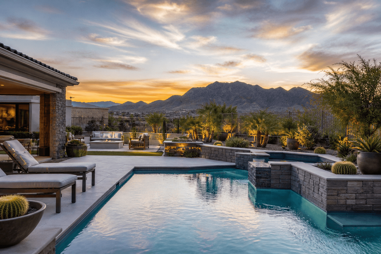 Private Las Vegas backyard swimming pool at sunset with desert mountains beyond