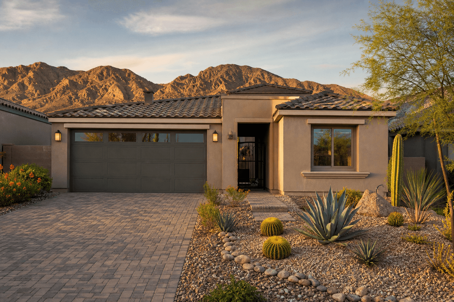 Small single-story Las Vegas patio home with xeriscape landscaping and mountain views